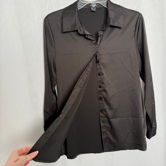 Escalier Black Satin Long Sleeve Button Down, Size Small - Picture 3 of 6